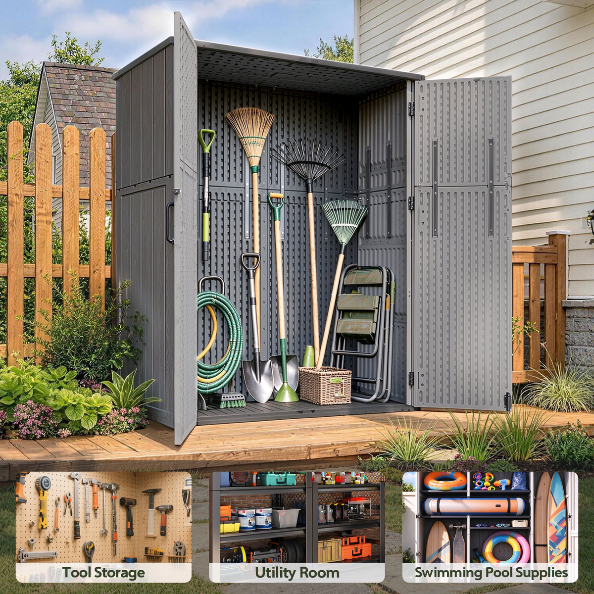 Sylviera 60 Cu.ft Resin Outdoor Storage Shed with Floor, Lockable Waterproof Vertical Cabinet for Patio, Garden Tools, Garbage Cans & Pool Supplies, Gray