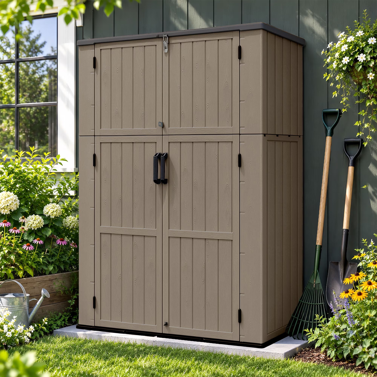 Sylviera 60 Cu.ft Resin Outdoor Storage Shed with Floor, Lockable Waterproof Vertical Cabinet for Patio, Garden Tools, Garbage Cans & Pool Supplies, Brown