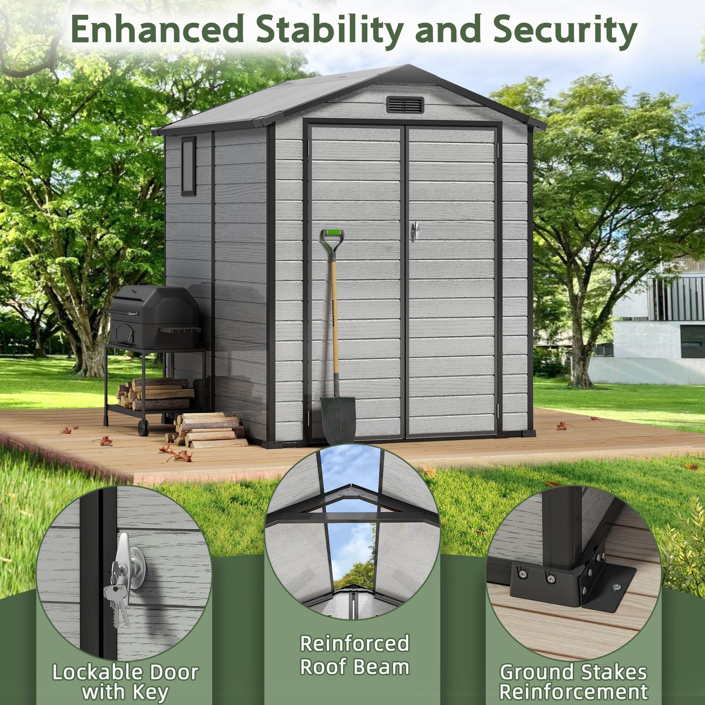 6x6FT Resin Outdoor Storage Shed with Floor, All-Weather Waterproof Plastic Garden Shed for Backyard, Heavy-Duty Storage Shed for Tools, Bikes & Lawn Equipment