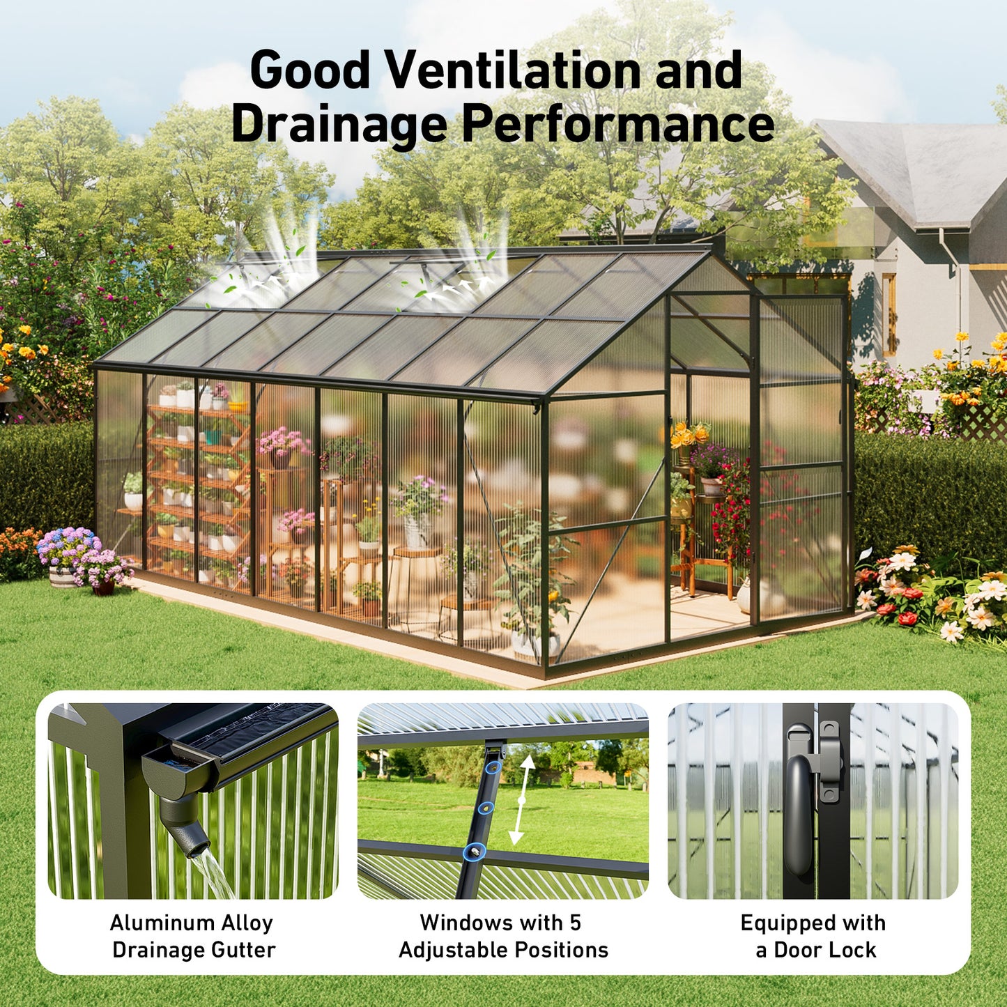 8×14FT Outdoor Walk-in Greenhouse, Heavy-Duty Polycarbonate Greenhouse with Reinforced Aluminum Frame for Garden, Backyard, or Winter Planting