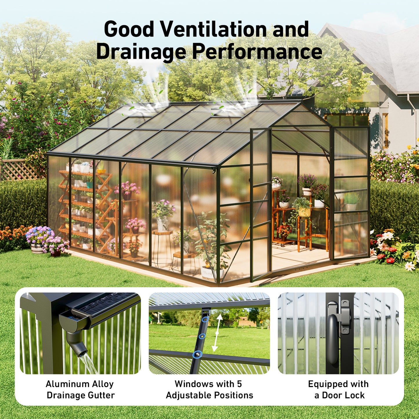 10×12FT Outdoor Walk-in Greenhouse, Heavy-Duty Polycarbonate Greenhouse with Reinforced Aluminum Frame for Garden, Backyard, or Winter Planting