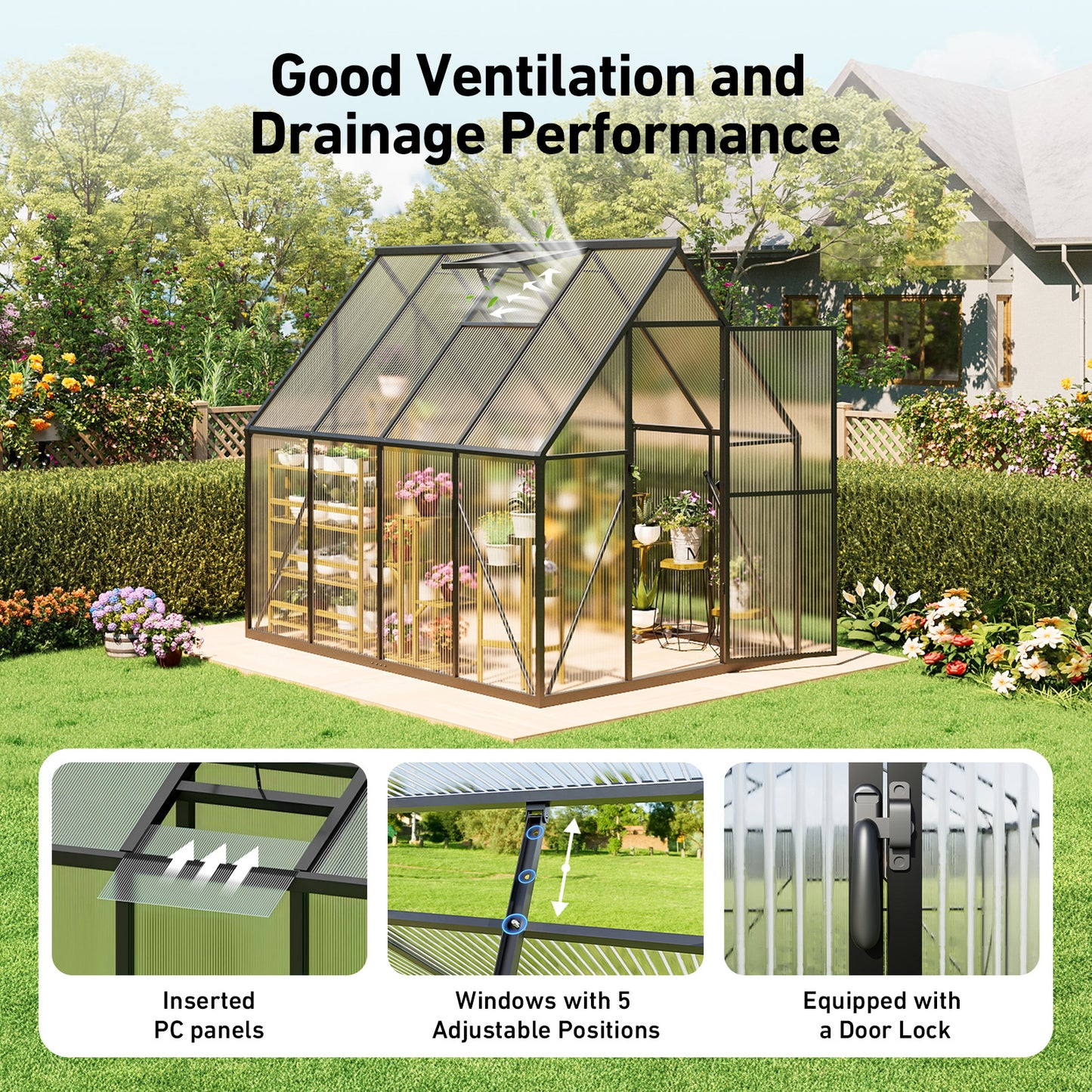 6×8FT Outdoor Walk-in Greenhouse with Thermometer Hygrometer, Heavy-Duty Polycarbonate Greenhouse with Reinforced Aluminum Frame for Garden, Backyard, or Winter Planting