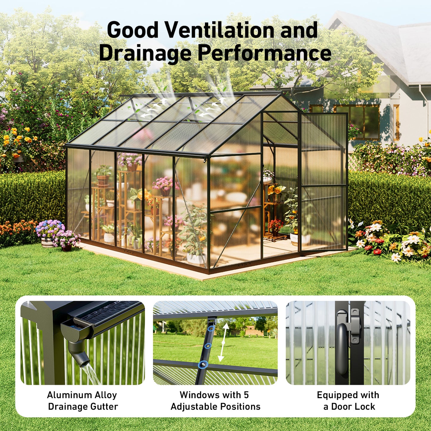 8×10FT Outdoor Walk-in Greenhouse with Thermometer Hygrometer, Heavy-Duty Polycarbonate Greenhouse with Reinforced Aluminum Frame for Garden, Backyard, or Winter Planting