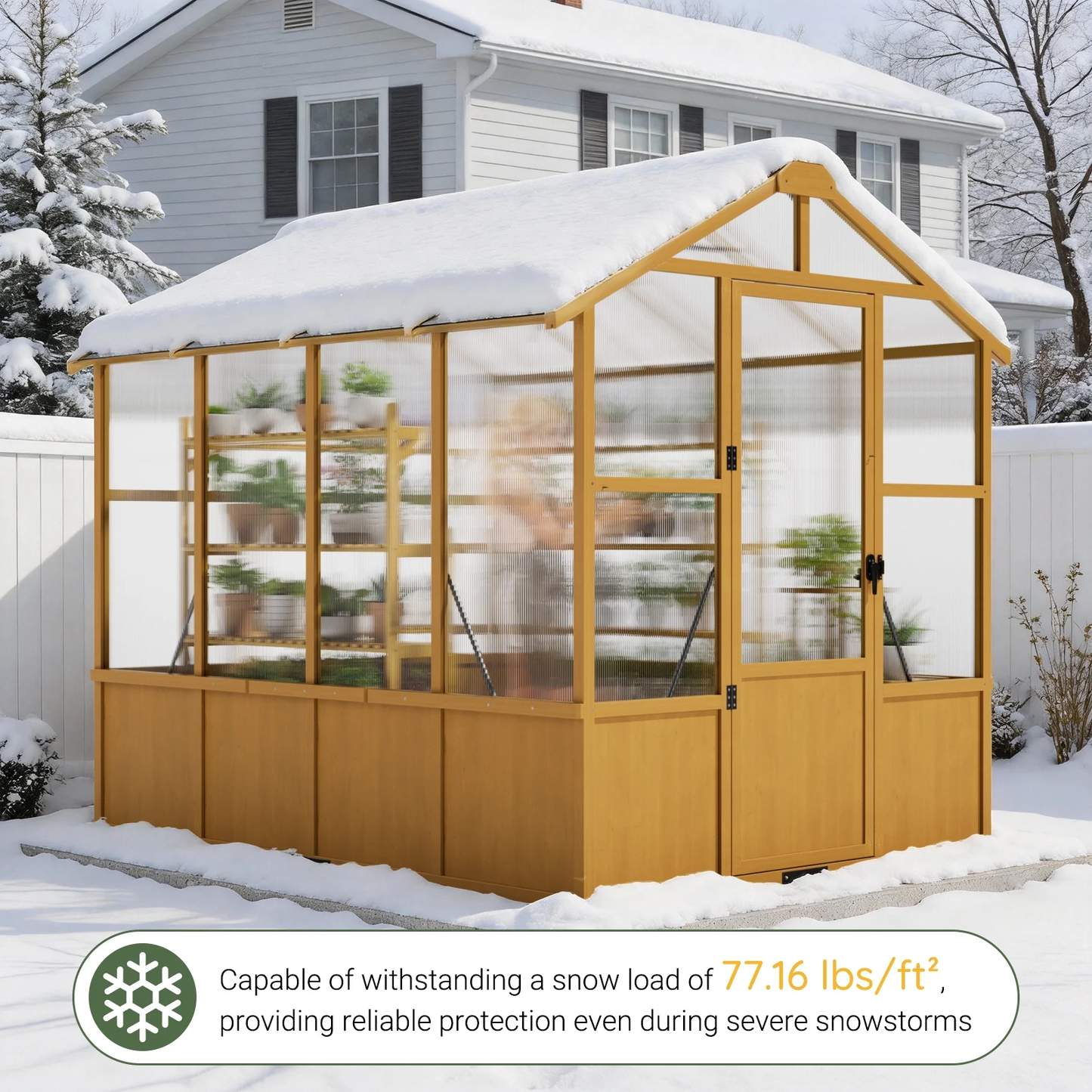 Sylviera 6x8ft Wooden Greenhouse with Pine Wood Frame & Polycarbonate Panels, Walk-In Outdoor Greenhouse with Reinforced Roof, Lockable Door & Roof Vents for Backyard Garden