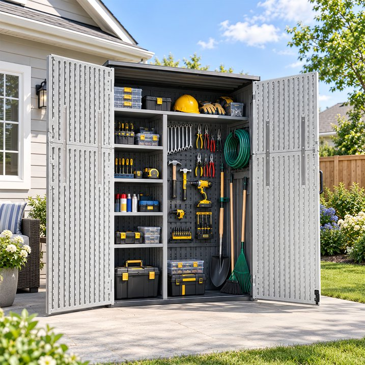 Sylviera 60 Cu.ft Resin Outdoor Storage Shed with Floor, Lockable Waterproof Vertical Cabinet for Patio, Garden Tools, Garbage Cans & Pool Supplies, White