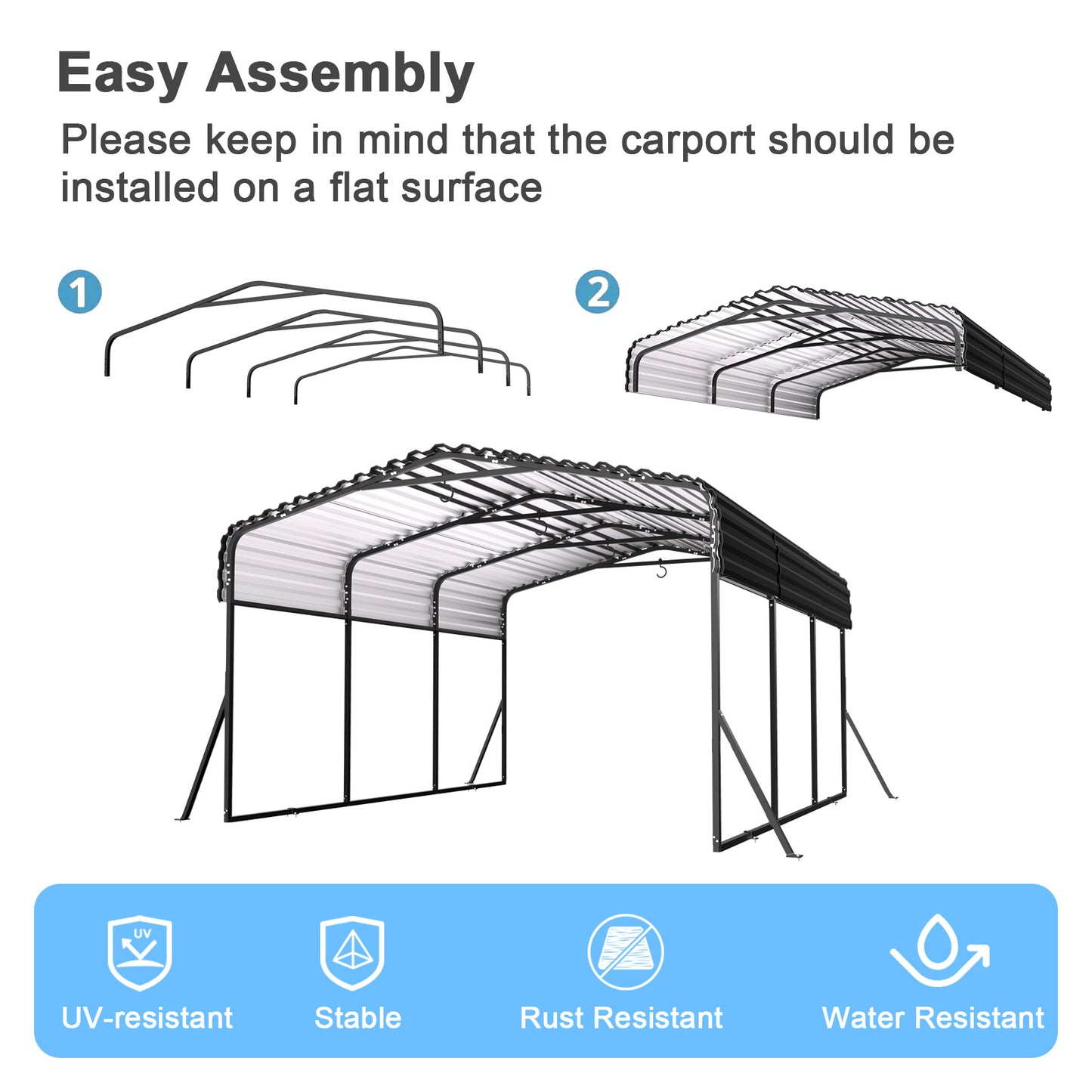 10x15FT Heavy-Duty Metal Carport, Outdoor Car port Canopy with Reinforced Iron Frame, All-Weather Shelter for Cars, Trucks & Boats, Easy Assembly