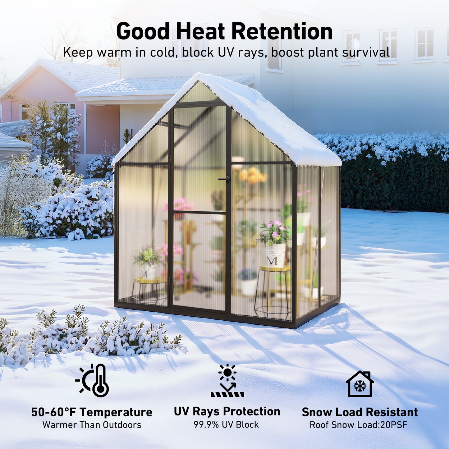 6×4FT Outdoor Walk-in Greenhouse with Thermometer Hygrometer, Heavy-Duty Polycarbonate Greenhouse with Reinforced Aluminum Frame for Garden, Backyard, or Winter Planting