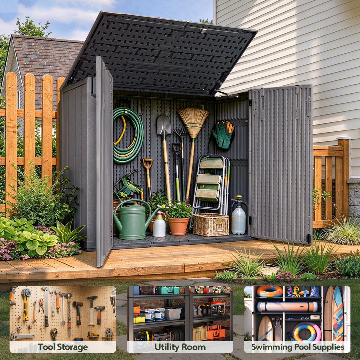 Sylviera 40 Cu.ft Vertical Resin Outdoor Storage Shed with Floor, No Partition Boards, Waterproof Lockable Tool Cabinet for Garden & Pool, Brown, Gray