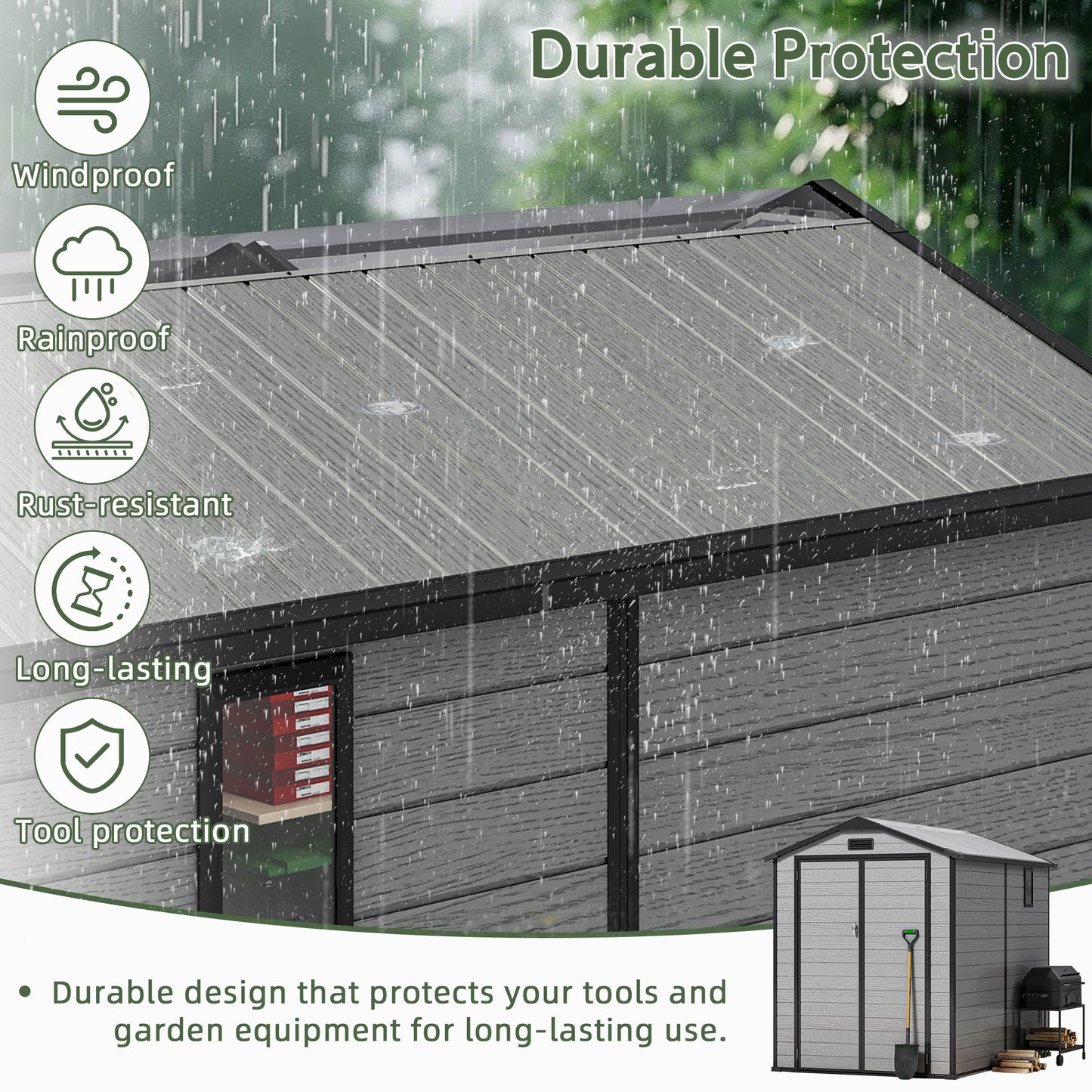 6x8FT Resin Outdoor Storage Shed with Floor, All-Weather Waterproof Plastic Garden Shed for Backyard, Heavy-Duty Storage Shed for Tools, Bikes & Lawn Equipment