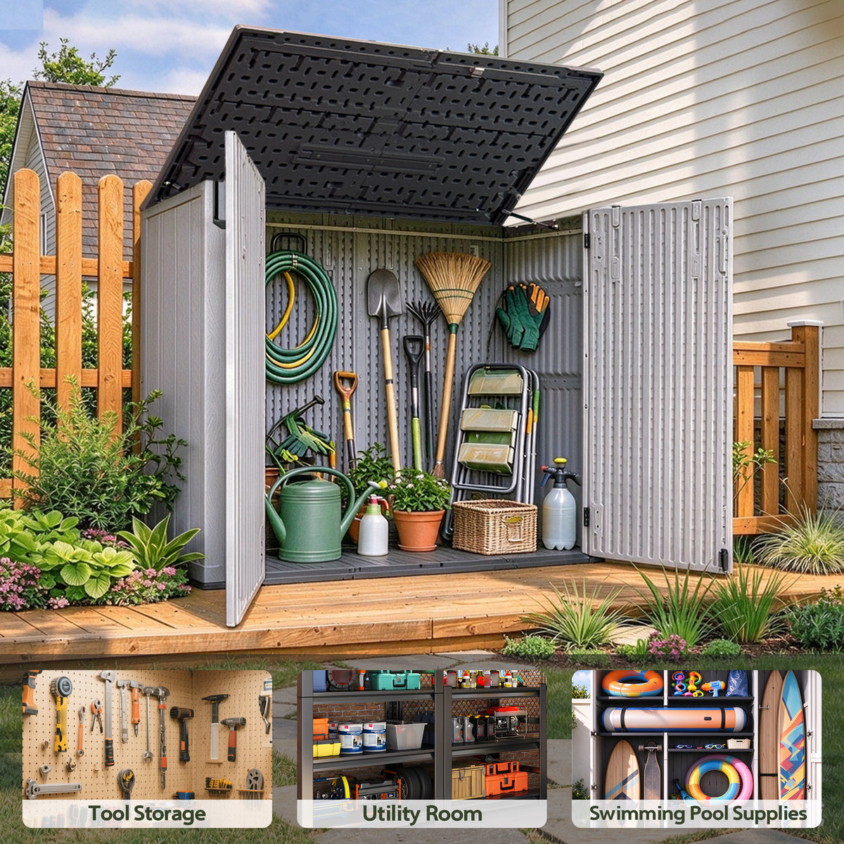 Sylviera 40 Cu.ft Vertical Resin Outdoor Storage Shed with Floor, No Partition Boards, Waterproof Lockable Tool Cabinet for Garden & Pool, Brown, White