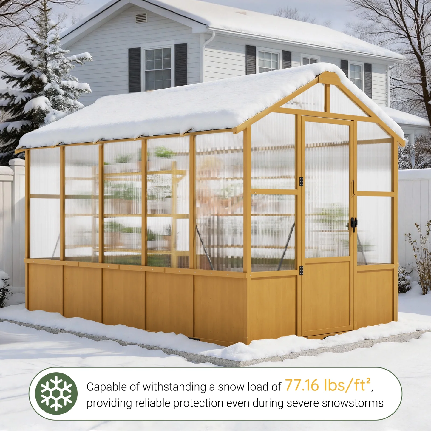 Sylviera 6x10ft Wooden Greenhouse with Pine Wood Frame & Polycarbonate Panels, Walk-In Outdoor Greenhouse with Reinforced Roof, Lockable Door & Roof Vents for Backyard Garden