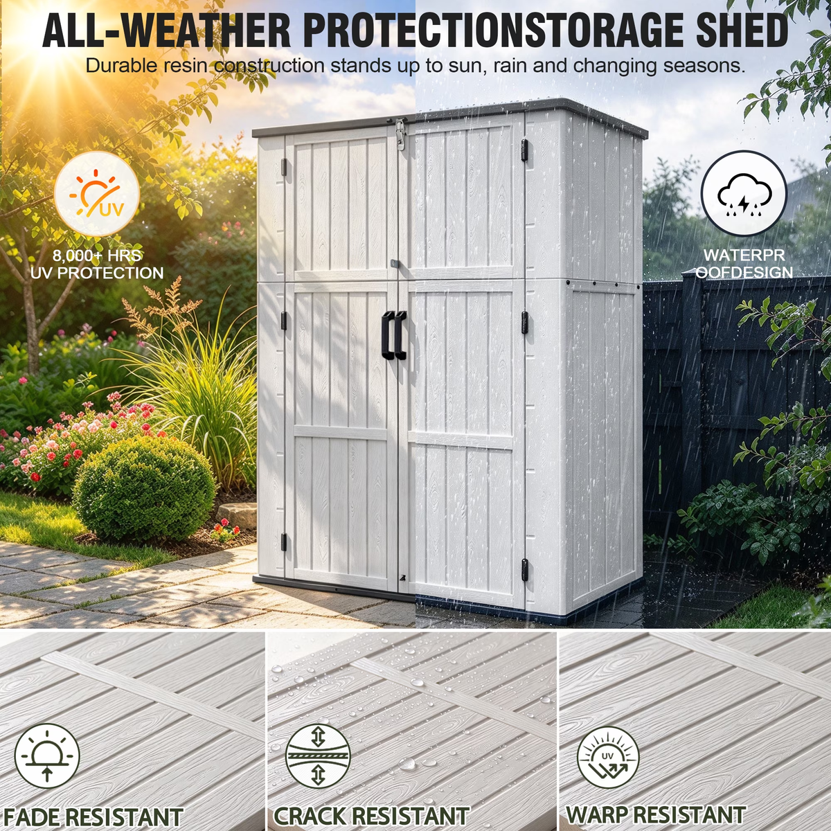 Sylviera 60 Cu.ft Resin Outdoor Storage Shed with Floor, Lockable Waterproof Vertical Cabinet for Patio, Garden Tools, Garbage Cans & Pool Supplies, White