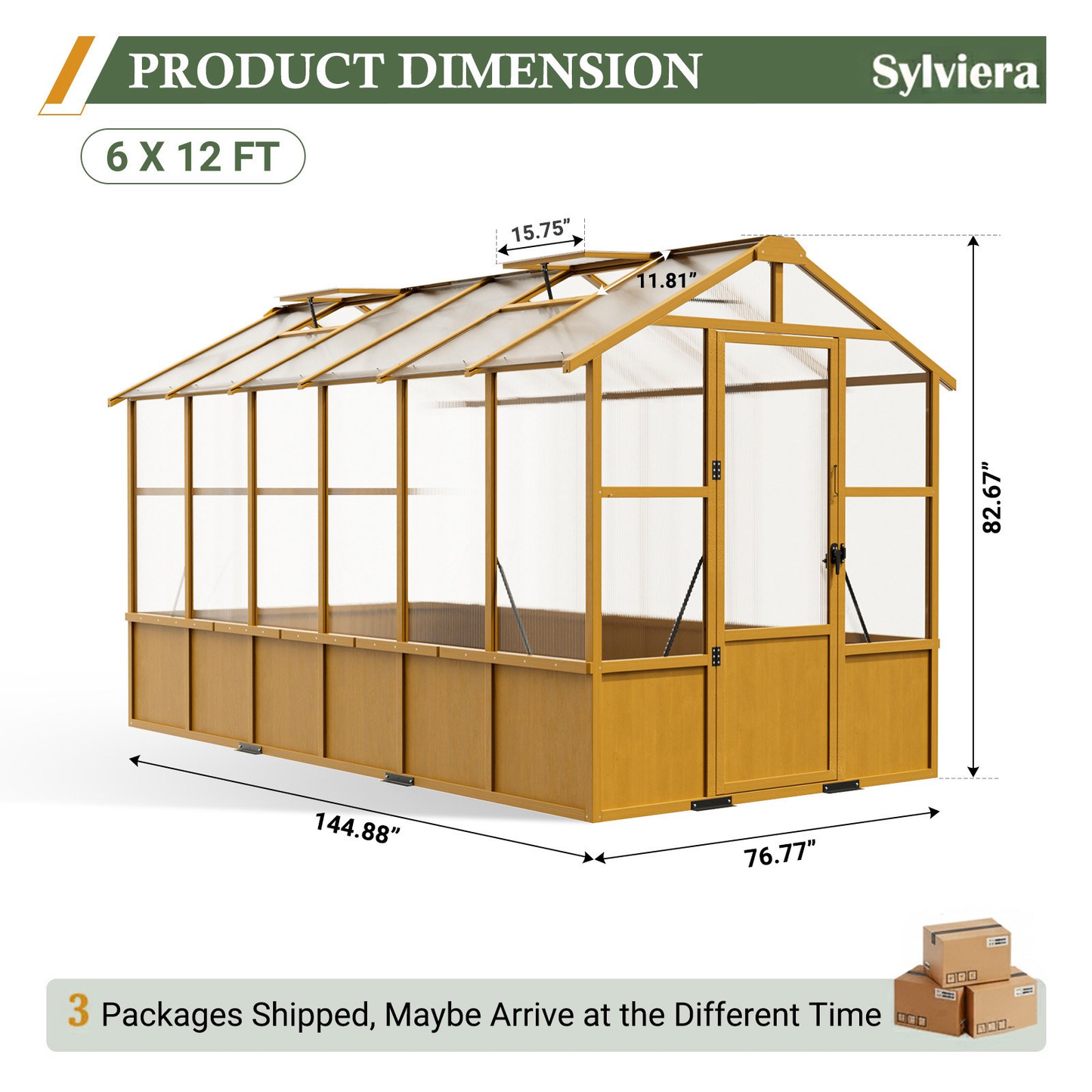 Sylviera 6x12ft Wooden Greenhouse with Pine Wood Frame & Polycarbonate Panels, Walk-In Outdoor Greenhouse with Reinforced Roof, Lockable Door & Roof Vents for Backyard Garden