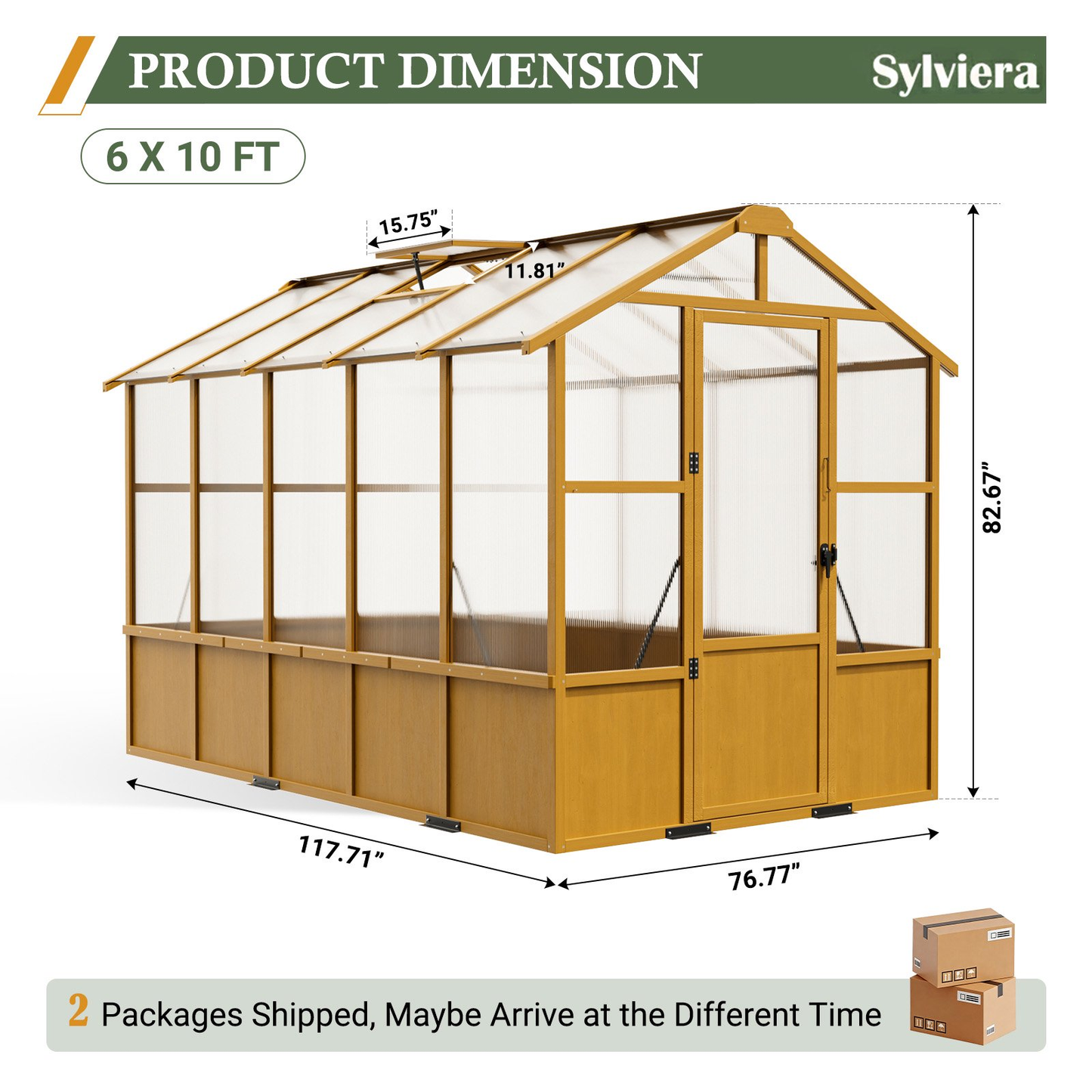 Sylviera 6x10ft Wooden Greenhouse with Pine Wood Frame & Polycarbonate Panels, Walk-In Outdoor Greenhouse with Reinforced Roof, Lockable Door & Roof Vents for Backyard Garden