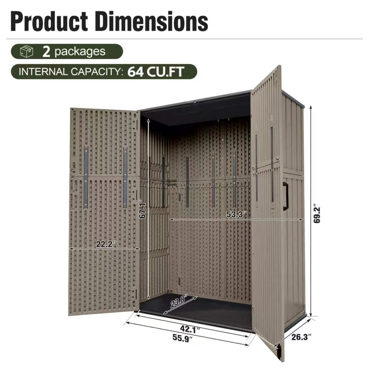 Sylviera 60 Cu.ft Resin Outdoor Storage Shed with Floor, Lockable Waterproof Vertical Cabinet for Patio, Garden Tools, Garbage Cans & Pool Supplies, Brown
