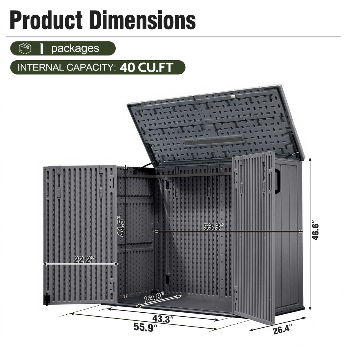 Sylviera 40 Cu.ft Vertical Resin Outdoor Storage Shed with Floor, No Partition Boards, Waterproof Lockable Tool Cabinet for Garden & Pool, Brown, Gray
