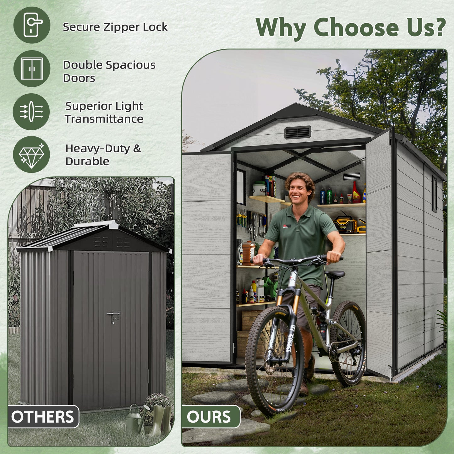 6x8FT Resin Outdoor Storage Shed with Floor, All-Weather Waterproof Plastic Garden Shed for Backyard, Heavy-Duty Storage Shed for Tools, Bikes & Lawn Equipment