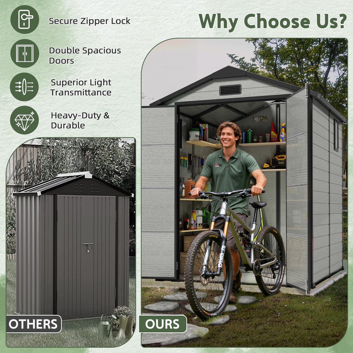 6x6FT Resin Outdoor Storage Shed with Floor, All-Weather Waterproof Plastic Garden Shed for Backyard, Heavy-Duty Storage Shed for Tools, Bikes & Lawn Equipment