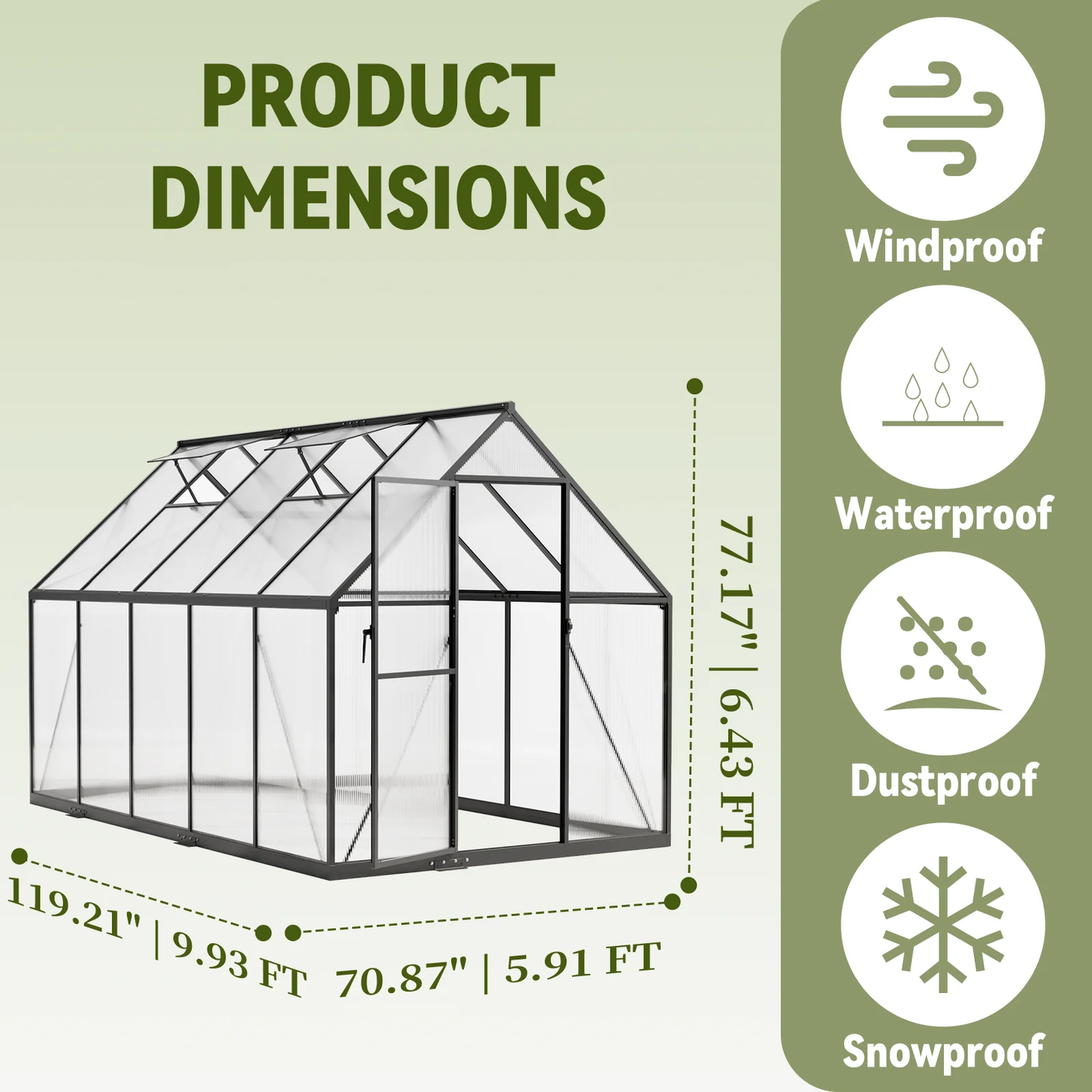 Sylviera 6x10ft Outdoor Walk-in Greenhouse with Thermometer Hygrometer, Heavy-Duty Polycarbonate Green House with Reinforced Aluminum Frame for Garden, Backyard, and Winter Planting