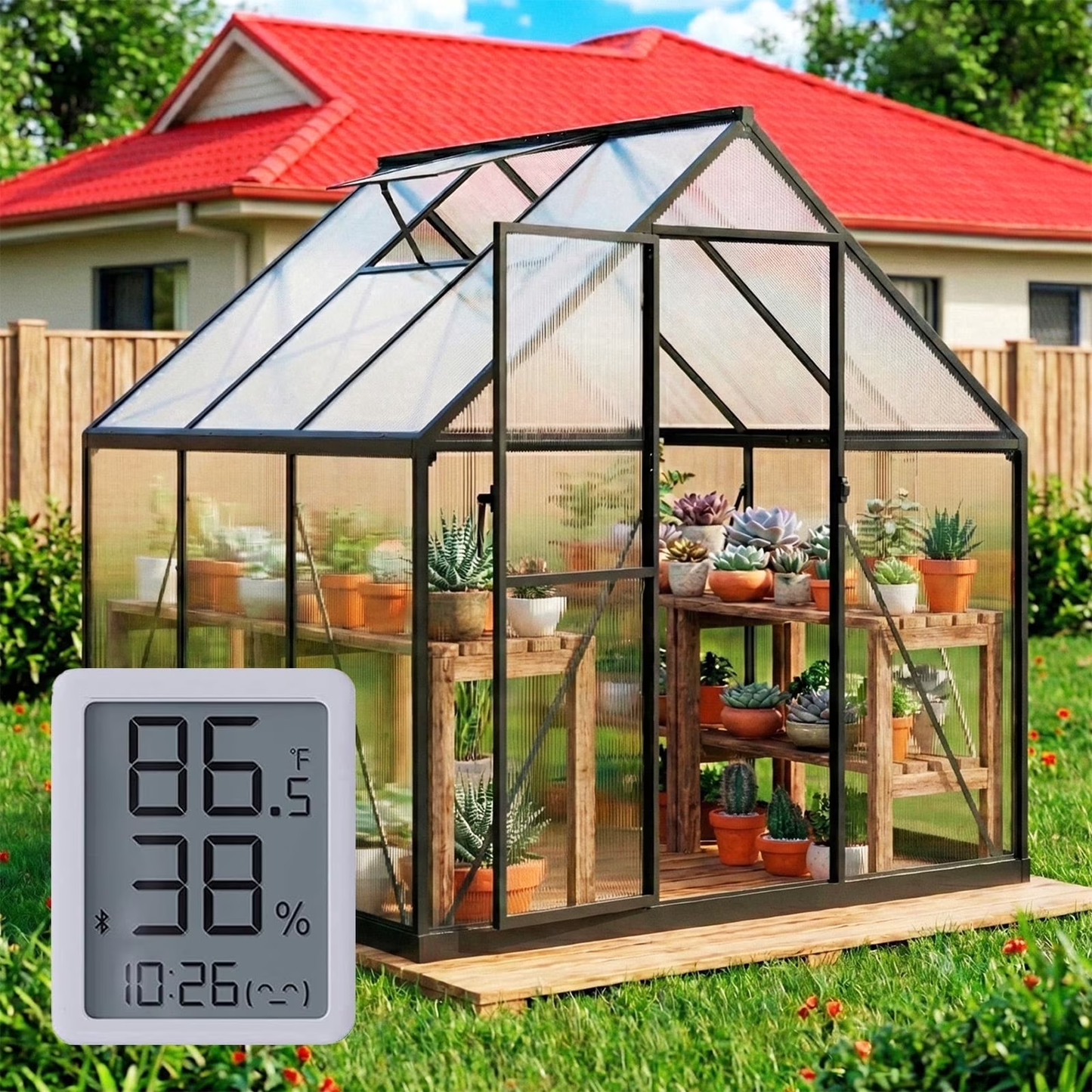 Sylviera 6x6ft Outdoor Walk-in Greenhouse with Thermometer Hygrometer, Heavy-Duty Polycarbonate Green House with Reinforced Aluminum Frame for Garden, Backyard, and Winter Planting