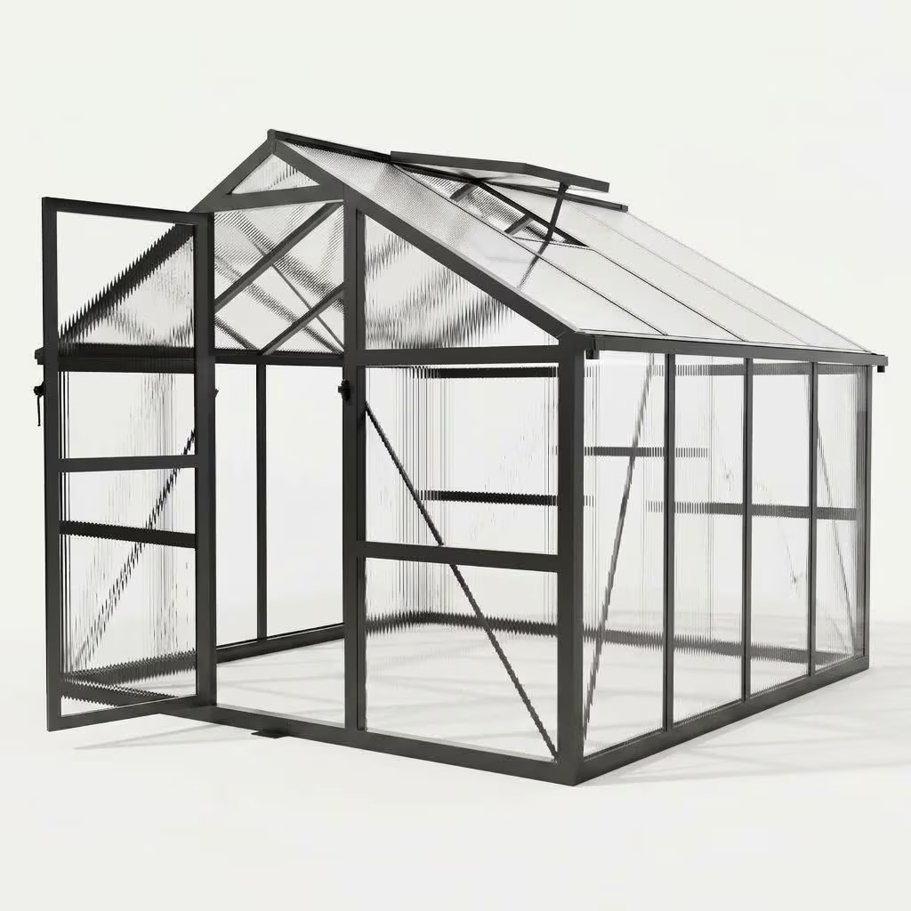 Sylviera 8x8ft Outdoor Walk-in Greenhouse with Thermometer Hygrometer, Heavy-Duty Polycarbonate Green House with Reinforced Aluminum Frame for Garden, Backyard, and Winter Planting