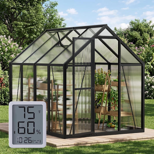 6×8FT Outdoor Walk-in Greenhouse with Thermometer Hygrometer, Heavy-Duty Polycarbonate Greenhouse with Reinforced Aluminum Frame for Garden, Backyard, or Winter Planting