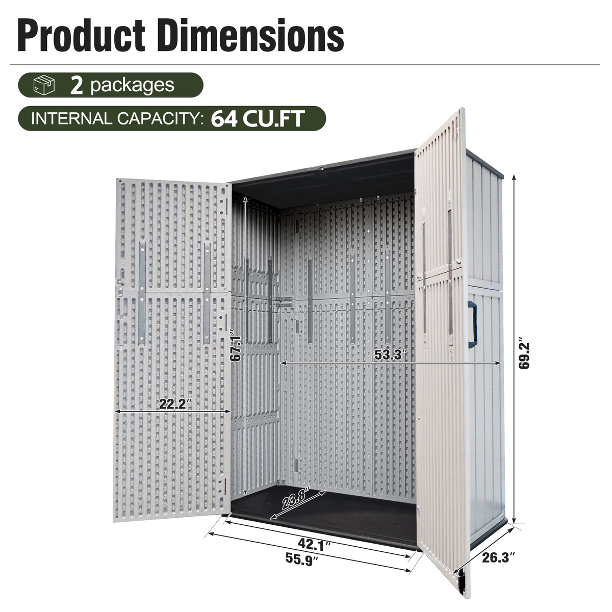 Sylviera 60 Cu.ft Resin Outdoor Storage Shed with Floor, Lockable Waterproof Vertical Cabinet for Patio, Garden Tools, Garbage Cans & Pool Supplies, White