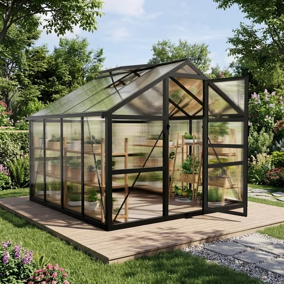 Sylviera 8x8ft Outdoor Walk-in Greenhouse with Thermometer Hygrometer, Heavy-Duty Polycarbonate Green House with Reinforced Aluminum Frame for Garden, Backyard, and Winter Planting
