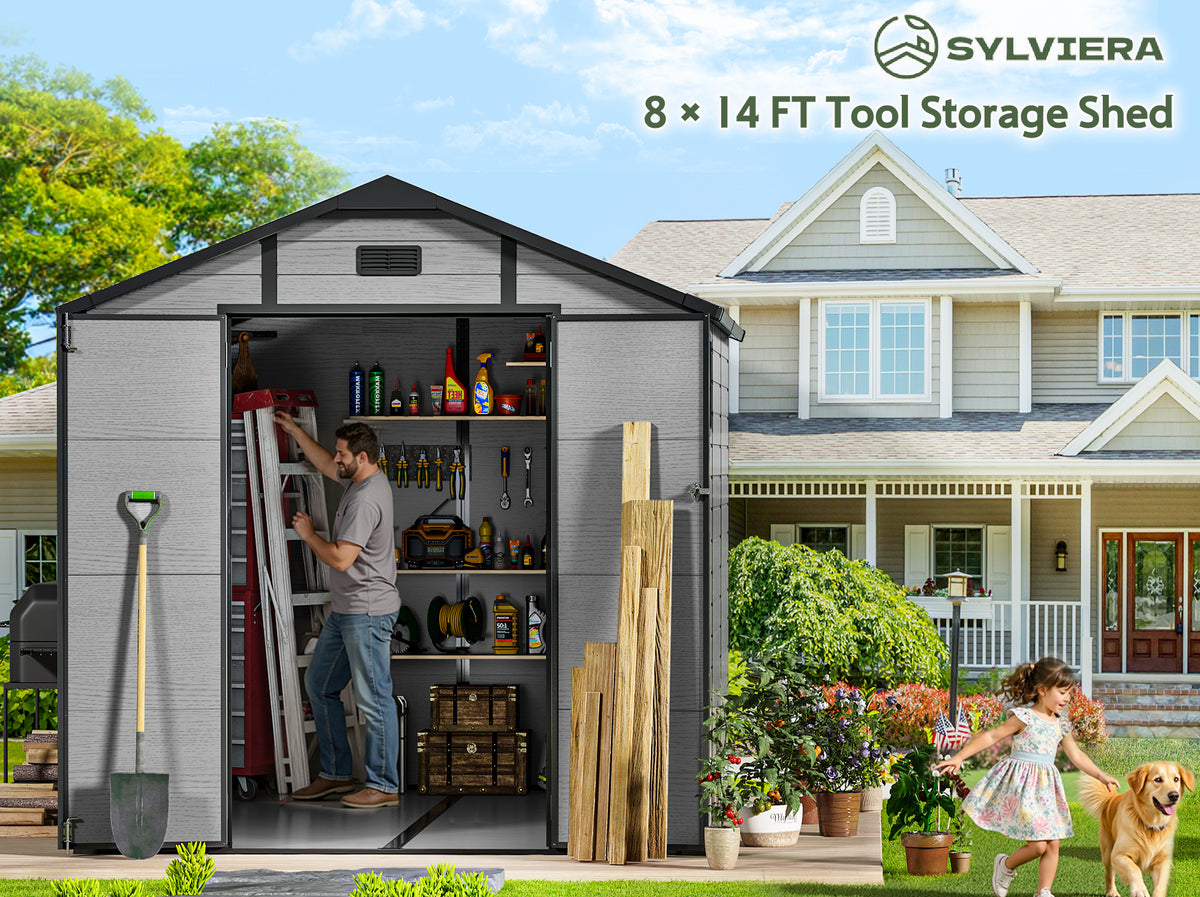 Sylviera 8x14FT Resin Shed with Floor, Weather-Resistant Plastic Garden Shed for Backyard, Waterproof UV-Proof Outdoor Storage Shed for Tools, Bikes & Equipment