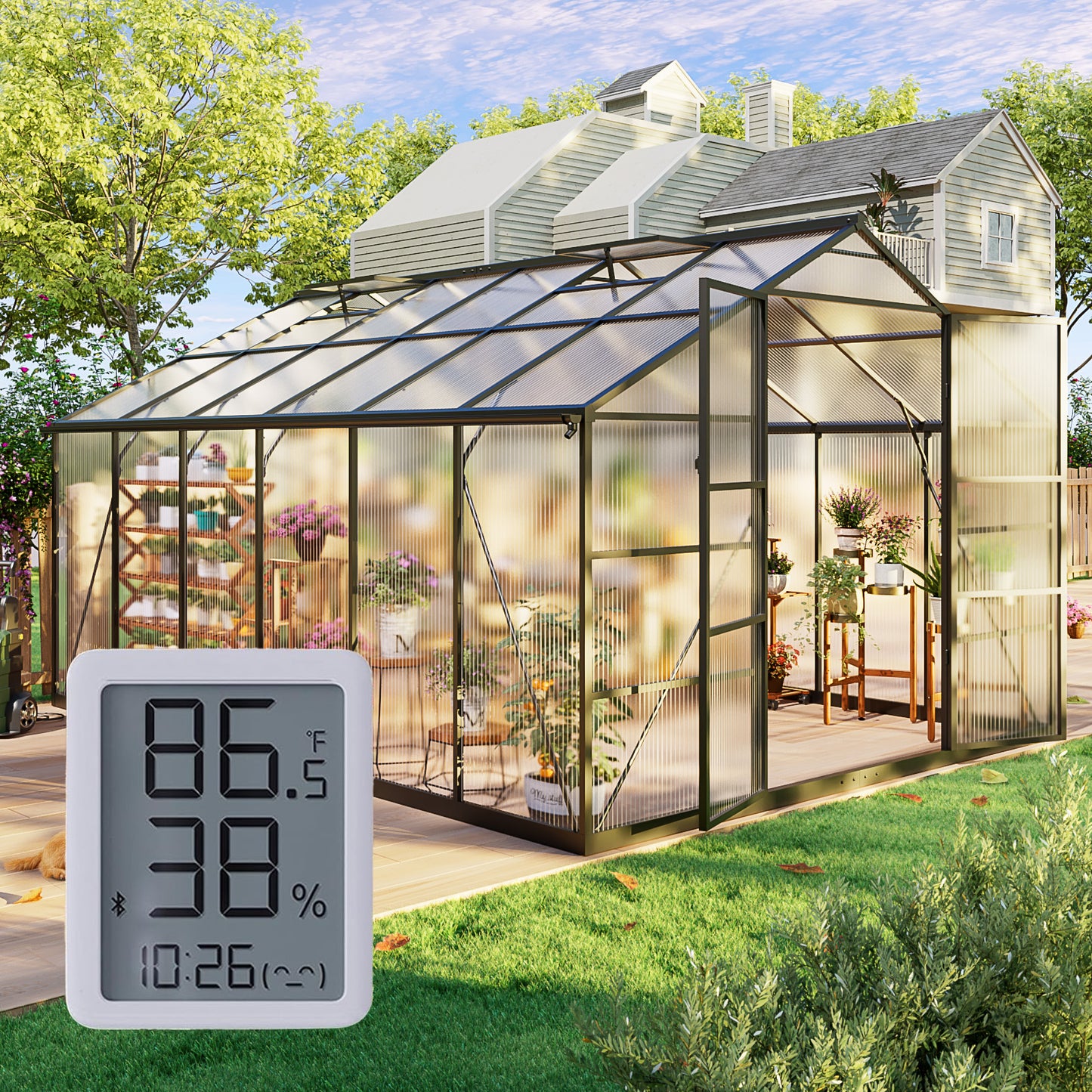 10×12FT Outdoor Walk-in Greenhouse with Thermometer Hygrometer, Heavy-Duty Polycarbonate Greenhouse with Reinforced Aluminum Frame for Garden, Backyard, or Winter Planting