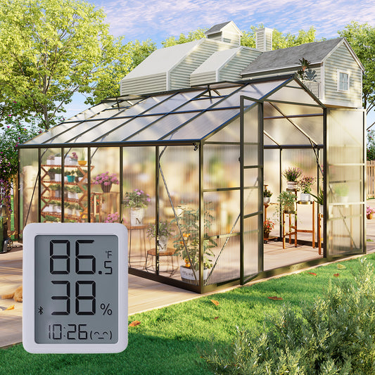 10×12FT Outdoor Walk-in Greenhouse with Thermometer Hygrometer, Heavy-Duty Polycarbonate Greenhouse with Reinforced Aluminum Frame for Garden, Backyard, or Winter Planting