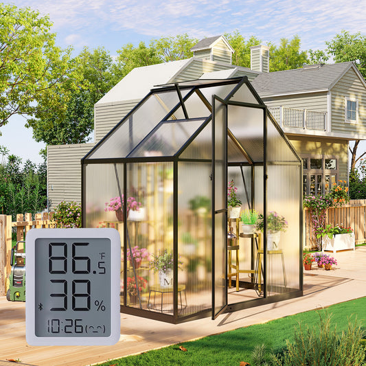 6×4FT Outdoor Walk-in Greenhouse with Thermometer Hygrometer, Heavy-Duty Polycarbonate Greenhouse with Reinforced Aluminum Frame for Garden, Backyard, or Winter Planting