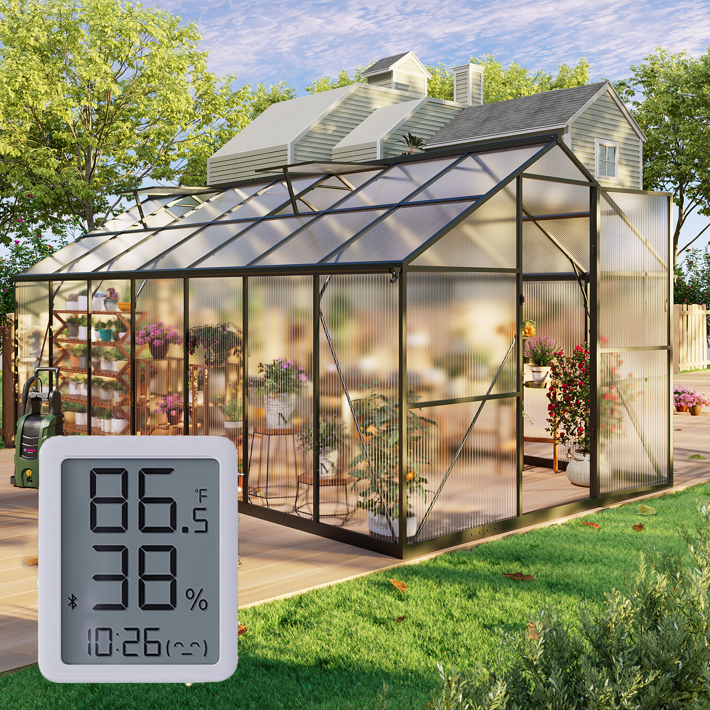 8×14FT Outdoor Walk-in Greenhouse with Thermometer Hygrometer, Heavy-Duty Polycarbonate Greenhouse with Reinforced Aluminum Frame for Garden, Backyard, or Winter Planting