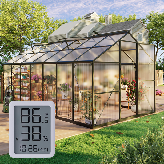 8×14FT Outdoor Walk-in Greenhouse with Thermometer Hygrometer, Heavy-Duty Polycarbonate Greenhouse with Reinforced Aluminum Frame for Garden, Backyard, or Winter Planting