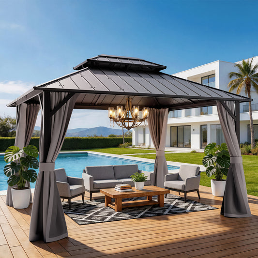 Sylviera 10' x 12' Hardtop Gazebo, Steel Shingle Double-Layer Roof, Iron Frame, with Curtains and Screen, Canopy Shelter Suitable for Patios, Gardens and Backyards