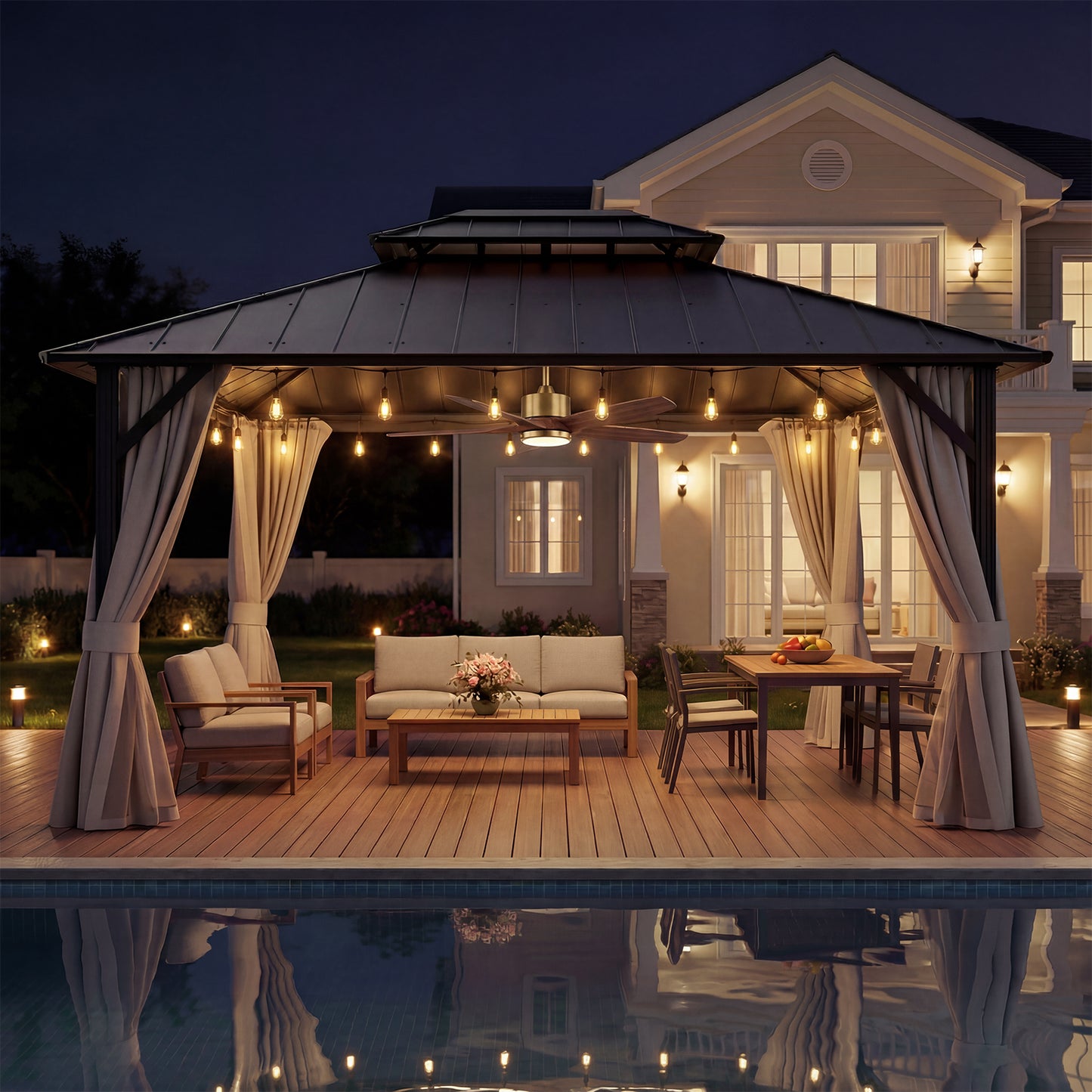 Sylviera 10' x 12' Hardtop Gazebo, Steel Shingle Double-Layer Roof, Iron Frame, with Curtains and Screen, Canopy Shelter Suitable for Patios, Gardens and Backyards