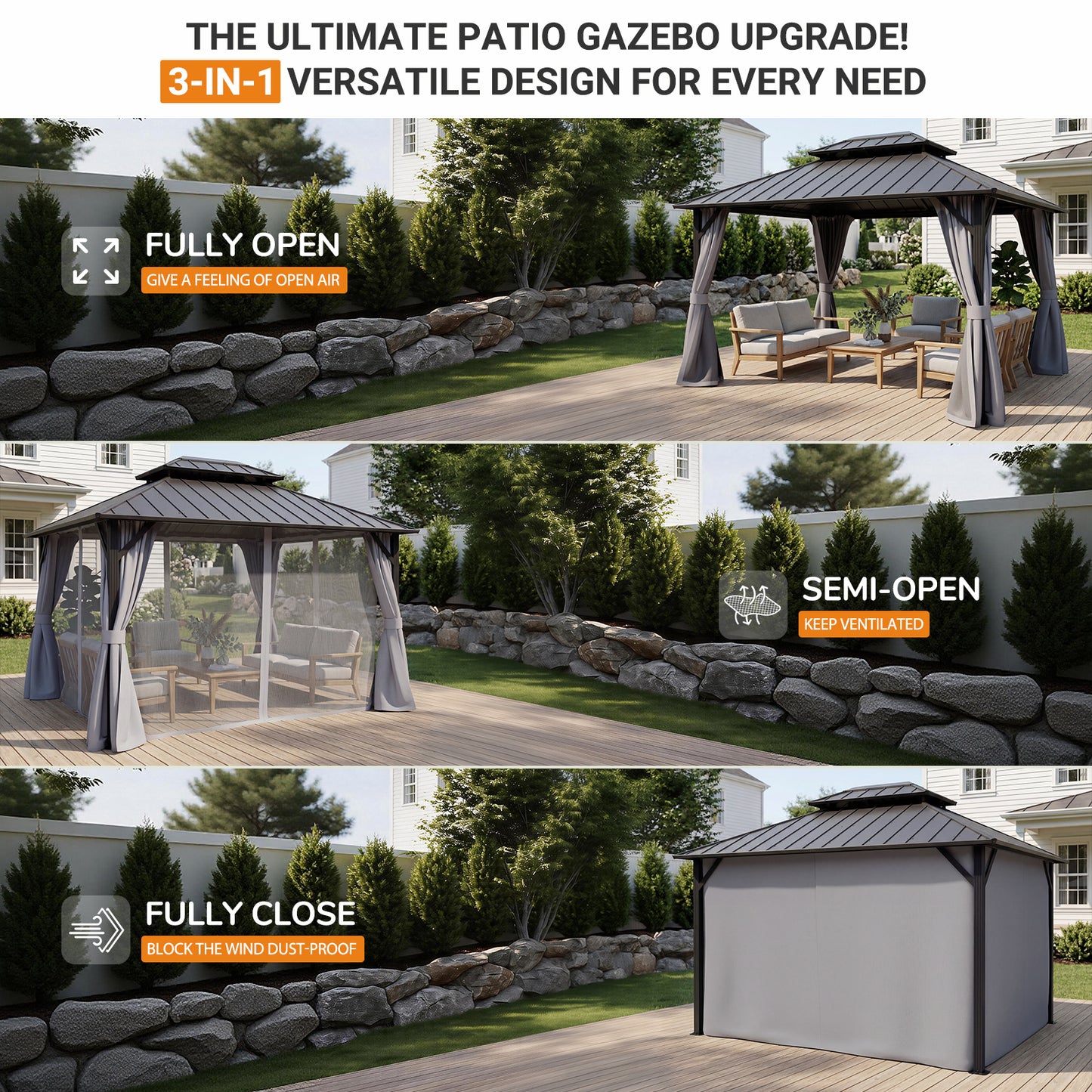 Sylviera 10' x 12' Hardtop Gazebo, Steel Shingle Double-Layer Roof, Iron Frame, with Curtains and Screen, Canopy Shelter Suitable for Patios, Gardens and Backyards