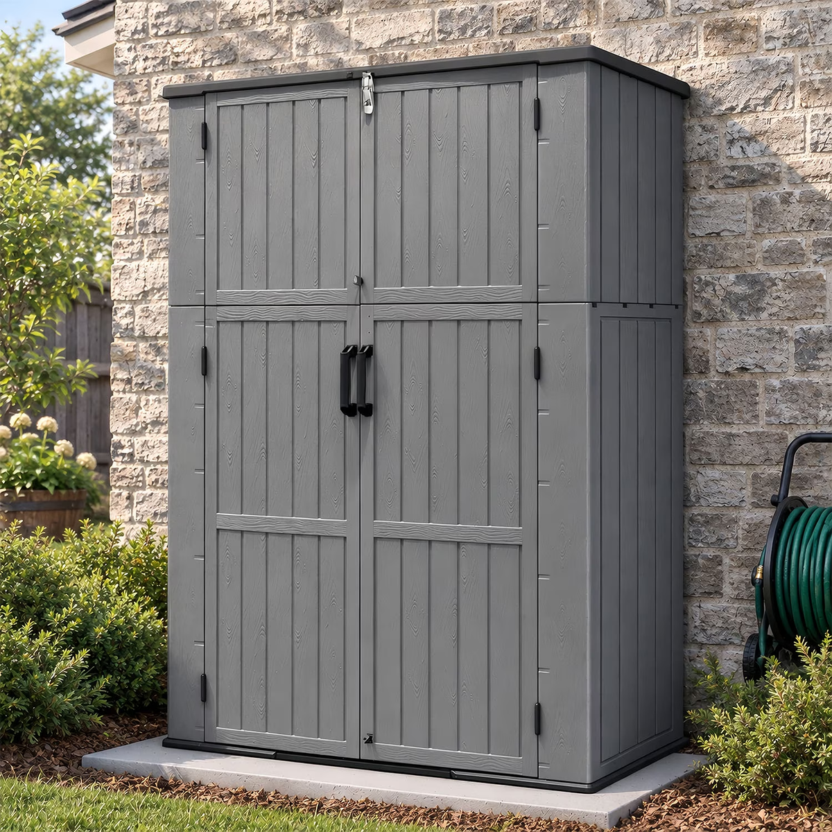 Sylviera 60 Cu.ft Resin Outdoor Storage Shed with Floor, Lockable Waterproof Vertical Cabinet for Patio, Garden Tools, Garbage Cans & Pool Supplies, Gray