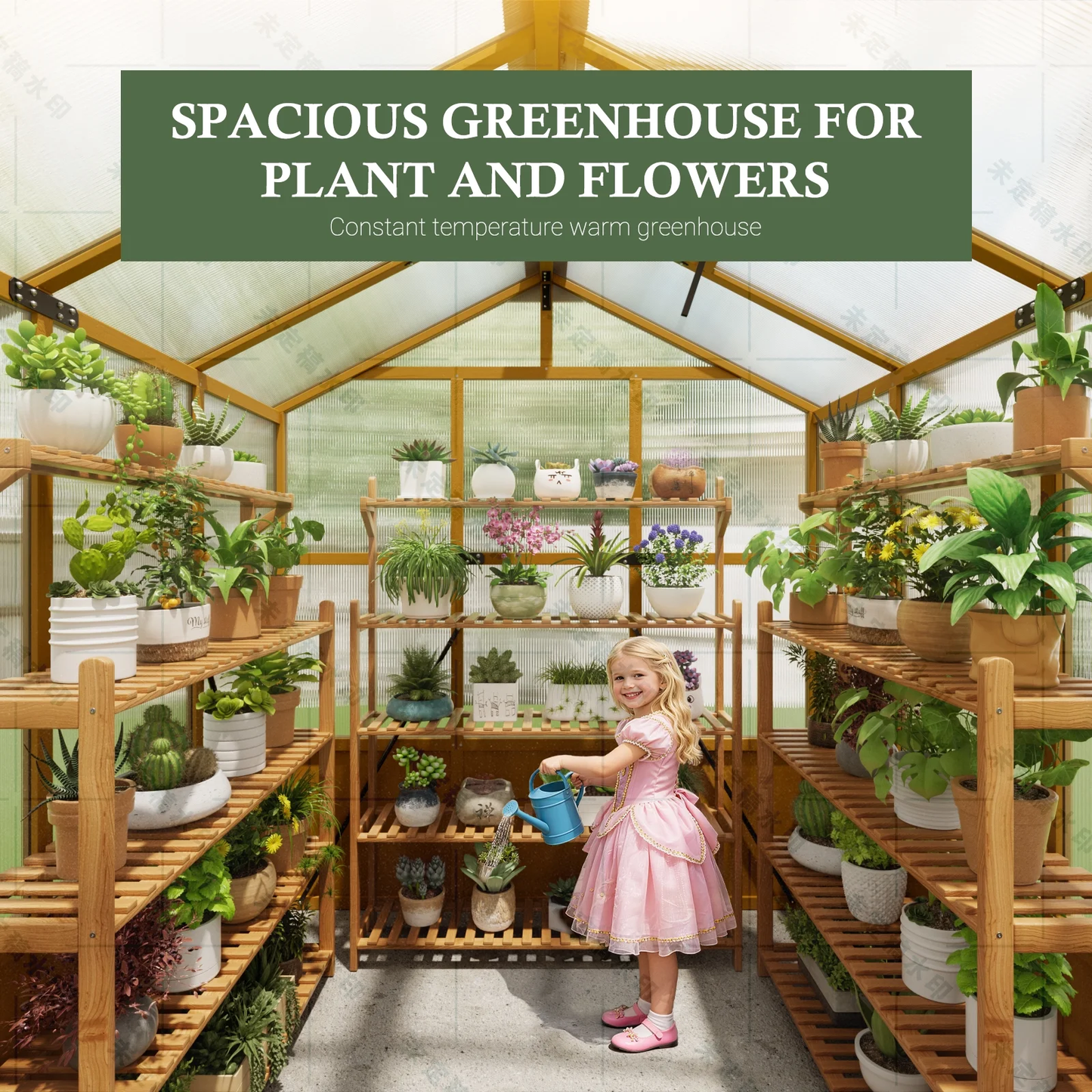 Sylviera 6x10ft Wooden Greenhouse with Pine Wood Frame & Polycarbonate Panels, Walk-In Outdoor Greenhouse with Reinforced Roof, Lockable Door & Roof Vents for Backyard Garden