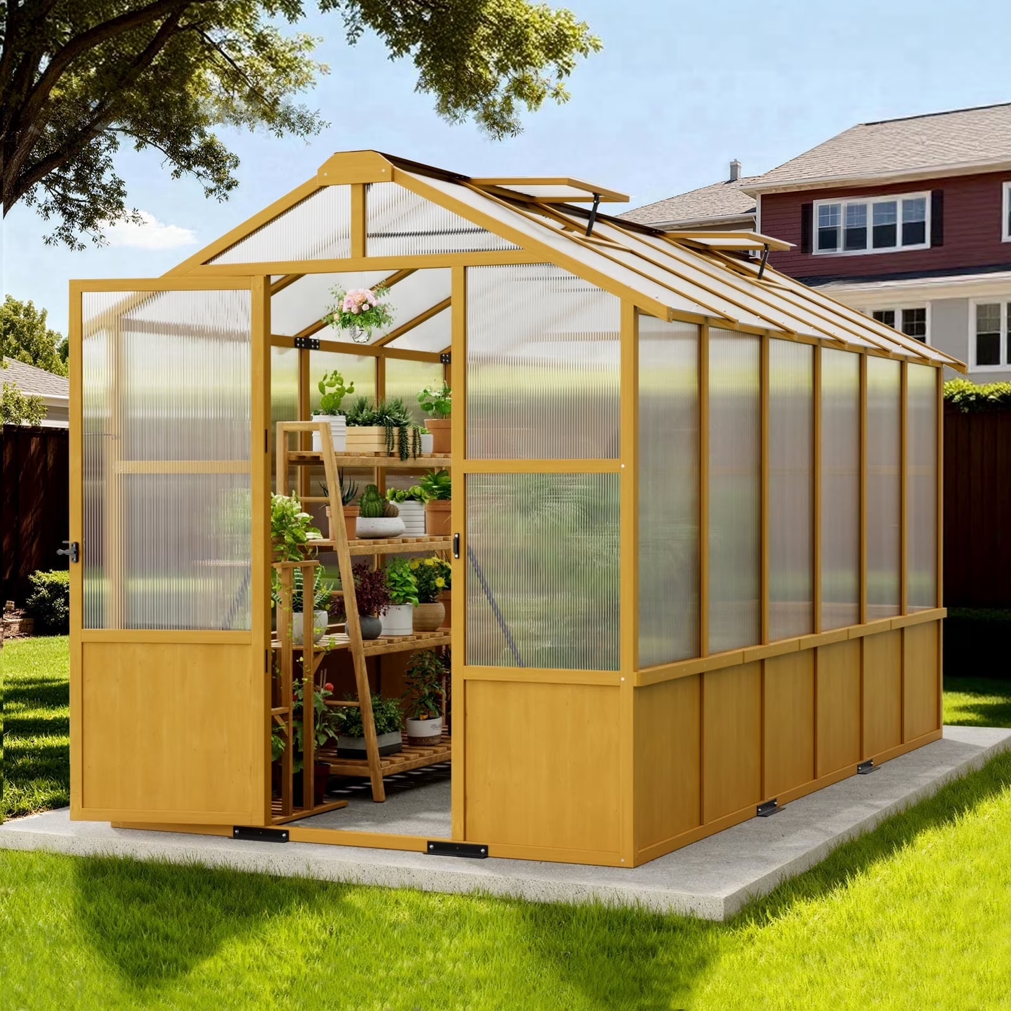 Sylviera 6x12ft Wooden Greenhouse with Pine Wood Frame & Polycarbonate Panels, Walk-In Outdoor Greenhouse with Reinforced Roof, Lockable Door & Roof Vents for Backyard Garden