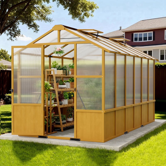 Sylviera 6x12ft Wooden Greenhouse with Pine Wood Frame & Polycarbonate Panels, Walk-In Outdoor Greenhouse with Reinforced Roof, Lockable Door & Roof Vents for Backyard Garden