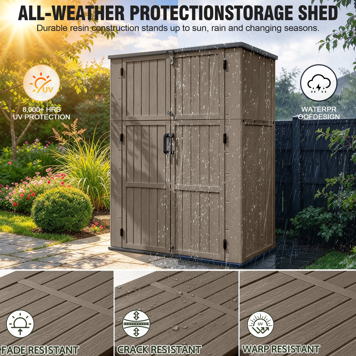 Sylviera 60 Cu.ft Resin Outdoor Storage Shed with Floor, Lockable Waterproof Vertical Cabinet for Patio, Garden Tools, Garbage Cans & Pool Supplies, Brown