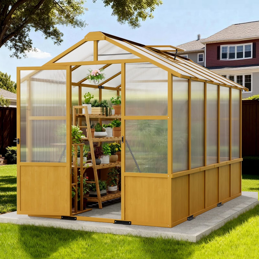 Sylviera 6x10ft Wooden Greenhouse with Pine Wood Frame & Polycarbonate Panels, Walk-In Outdoor Greenhouse with Reinforced Roof, Lockable Door & Roof Vents for Backyard Garden