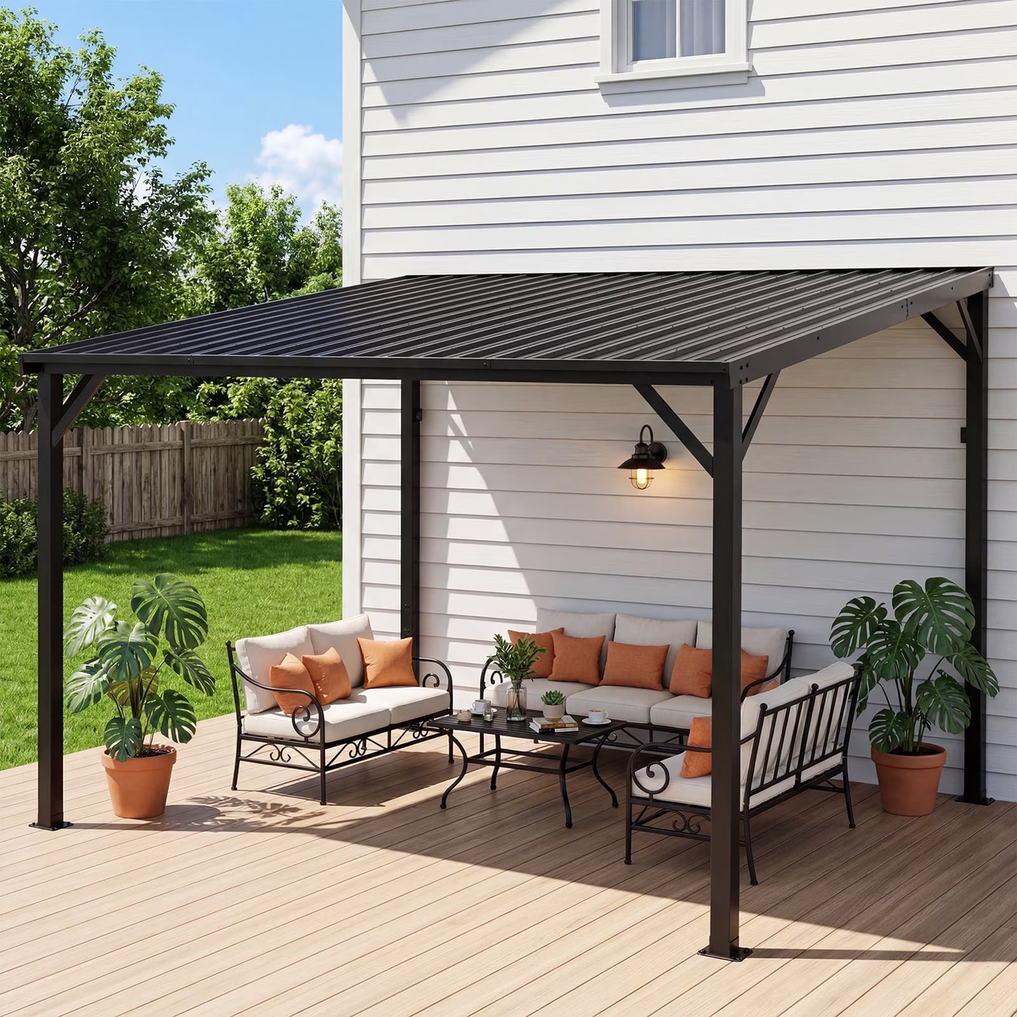 Sylviera 10'x12' Lean-to Hardtop Gazebo, Wall Mount Reinforced Metal Frame, UV Roof, Drainage Channel, Wind Snow Resistant Shelter for Backyard Porch Deck Patio
