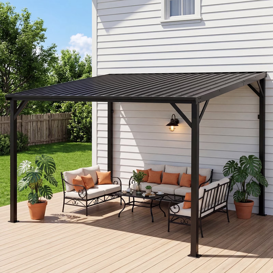 Sylviera 10'x12' Lean-to Hardtop Gazebo, Wall Mount Reinforced Metal Frame, UV Roof, Drainage Channel, Wind Snow Resistant Shelter for Backyard Porch Deck Patio