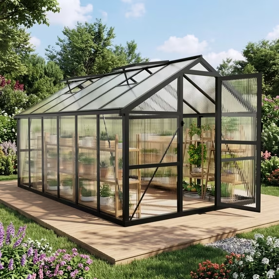 Sylviera 8x12ft Outdoor Walk-in Greenhouse with Thermometer Hygrometer, Heavy-Duty Polycarbonate Green House with Reinforced Aluminum Frame for Garden, Backyard, and Winter Planting