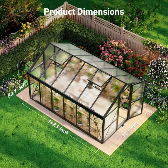 Sylviera 8x12ft Outdoor Walk-in Greenhouse with Thermometer Hygrometer, Heavy-Duty Polycarbonate Green House with Reinforced Aluminum Frame for Garden, Backyard, and Winter Planting
